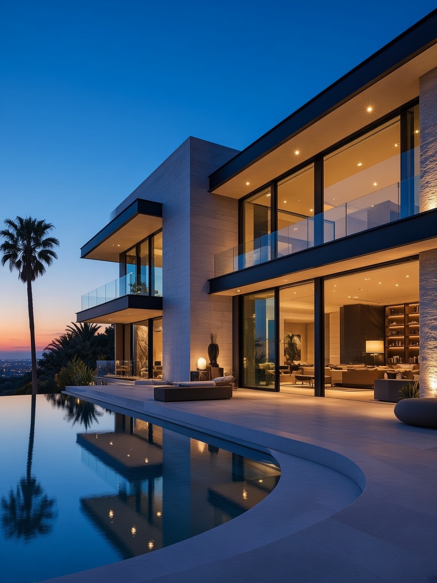 Placeholder photograph of a dusk villa, to be replaced with a GN Architects project