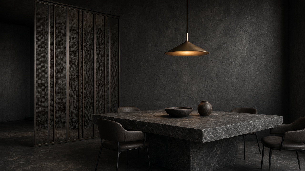 A dining room screened in brushed steel