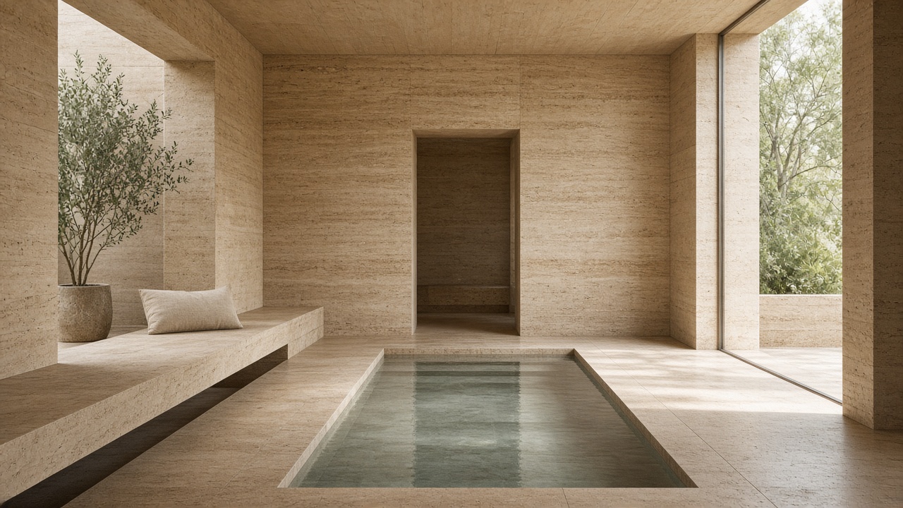 A quiet room in honey travertine