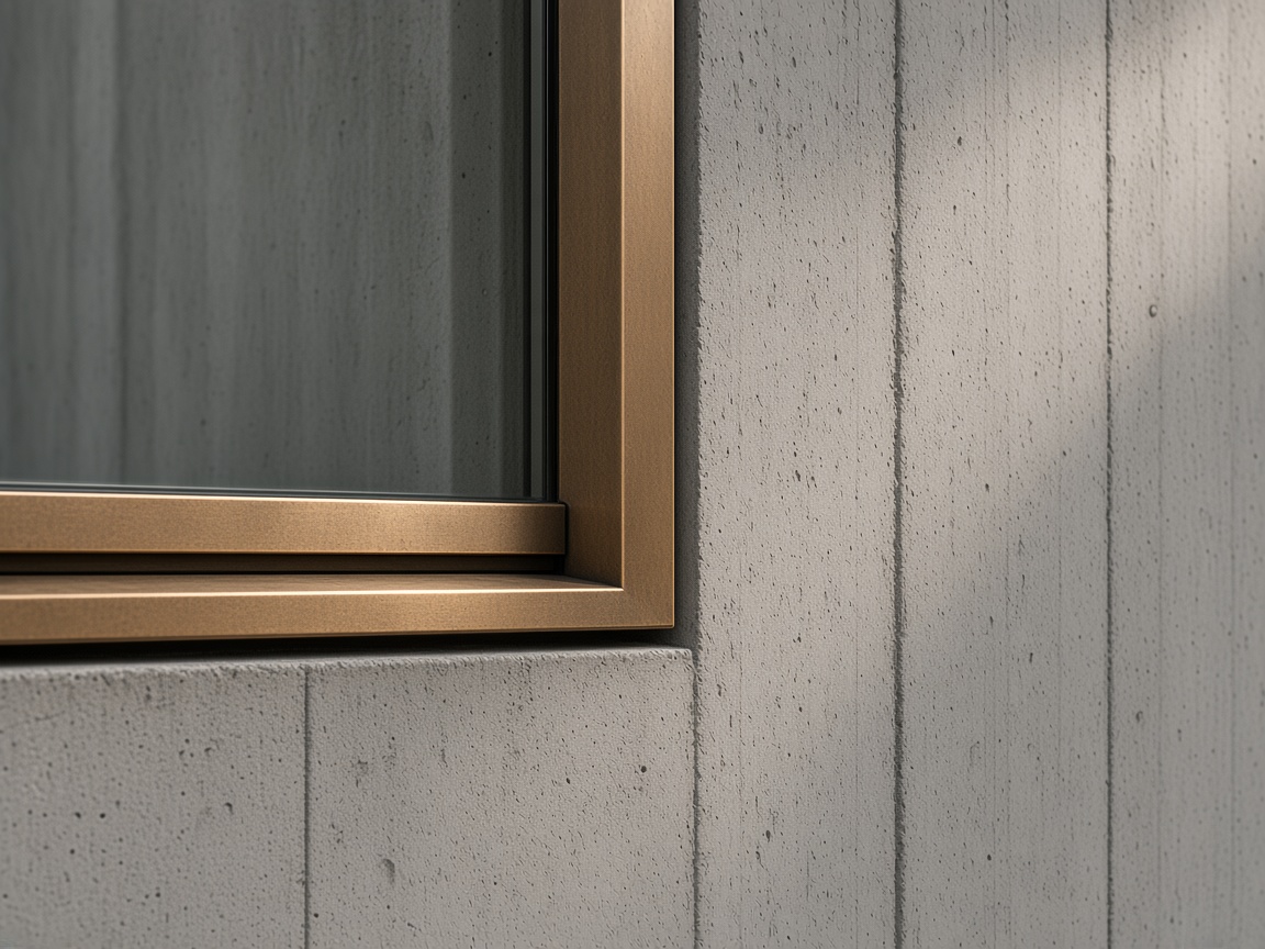 Board-formed concrete meeting a thin metal frame