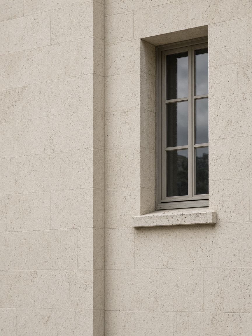 A tall crop of a pale stone facade