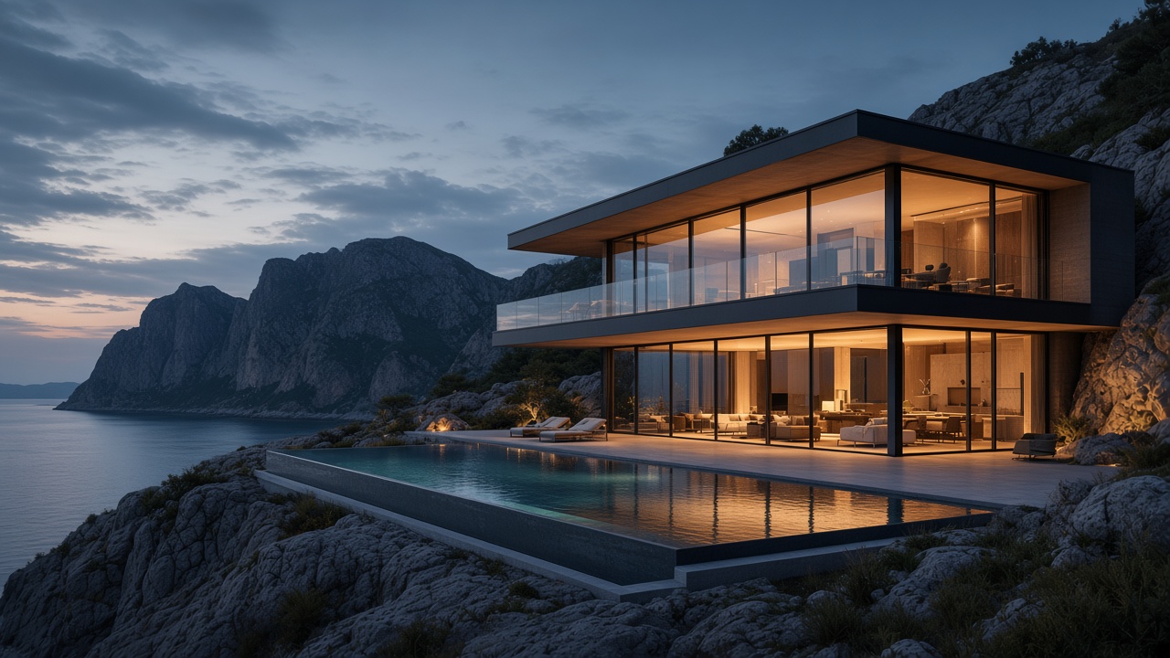 Bay House, a glass room on the coast at dusk